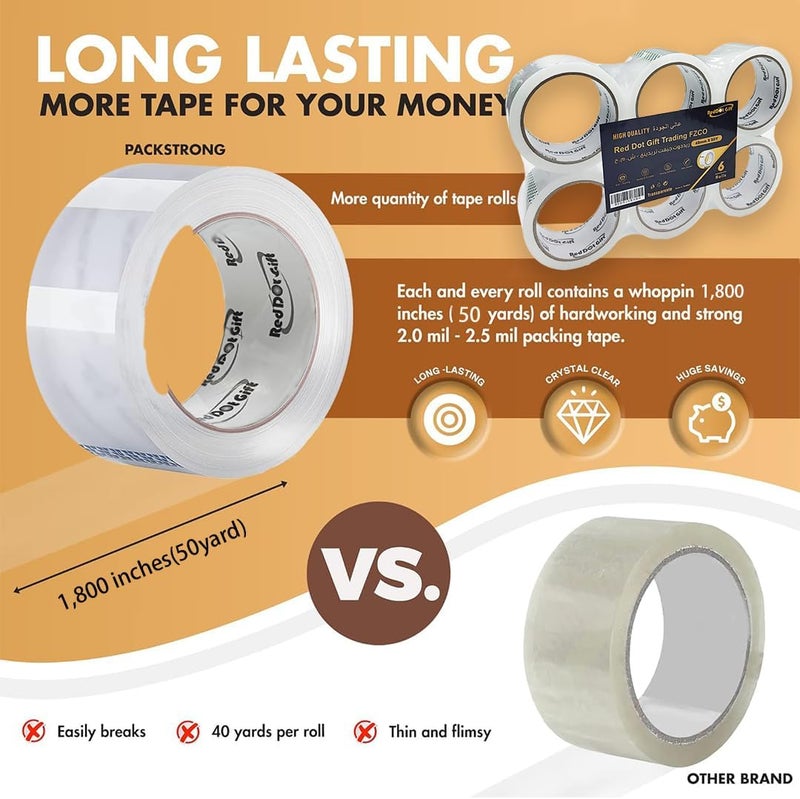 Red Dot Gift® Pack of 6 Size 48mm x 50Yds White Transprent Packing Tape,Heavy Duty Packaging Tape for Shipping Packaging Moving Sealing, Thicker Clear Packing Tape - Image 5