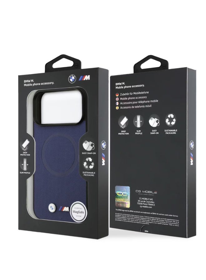 بي إم دبليو غطاء خلفي لهاتف BMW iPhone 17 Pro - MagSafe - غطاء جلدي ملفوف بالكامل مع شعارات معدنية - أزرق داكن - Image 1