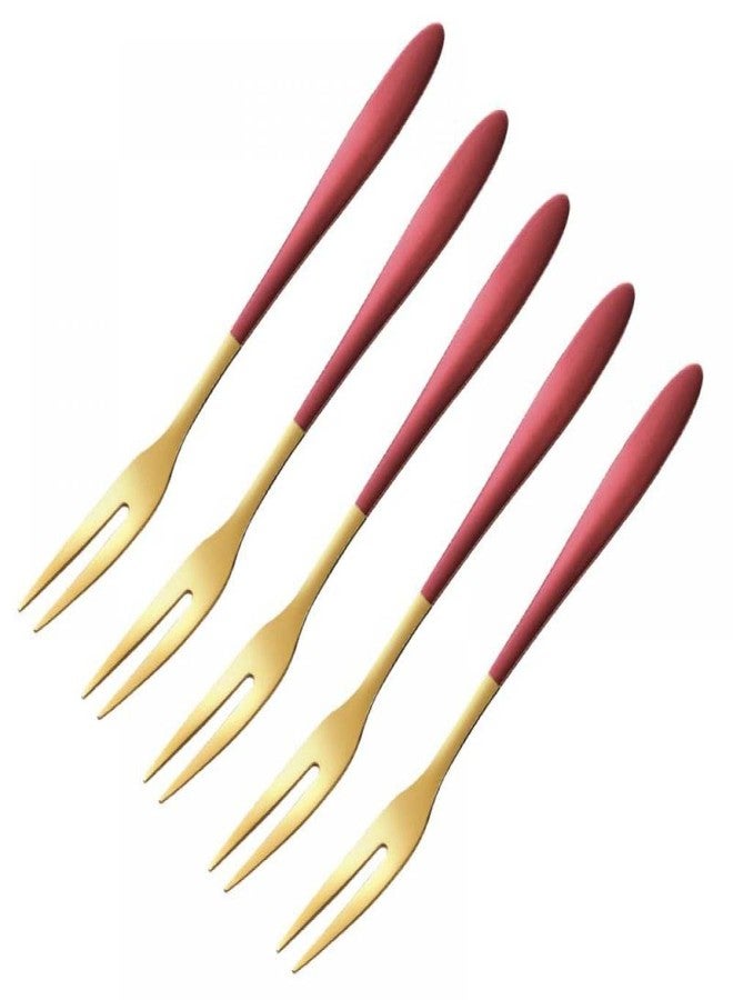 Leeonz Stainless Steel Forks,Fruit Forks Escargot Forks 2 Prong Tasting Appetizer Forks Portable Cocktail Salad Fruit Forks for Party Travel,Set of 4, 5 Inches (Red) - Image 1