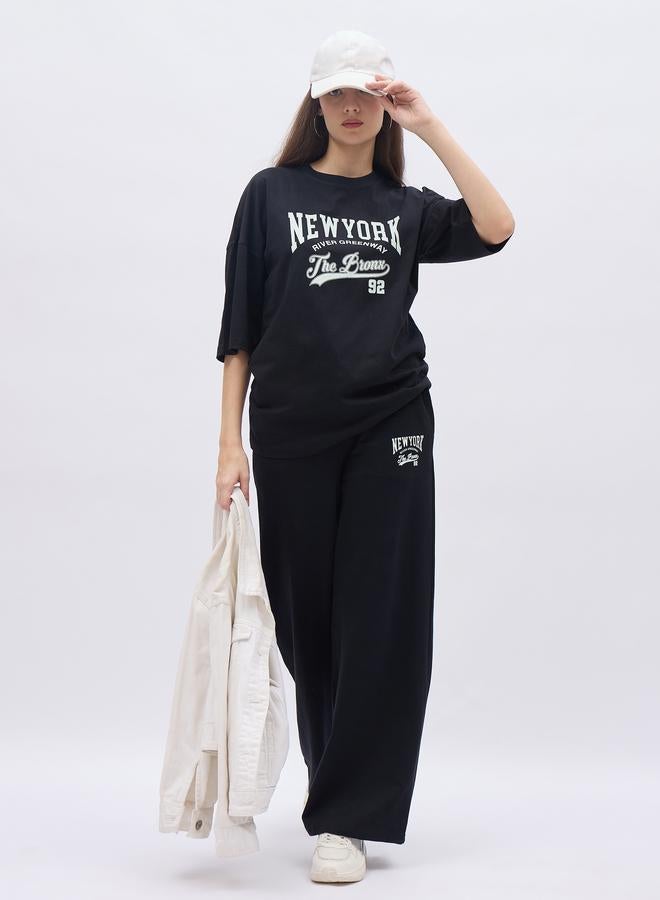 Styli Black NY Print Oversized T-Shirt and Wide Leg Joggers Co-Ords - Image 1