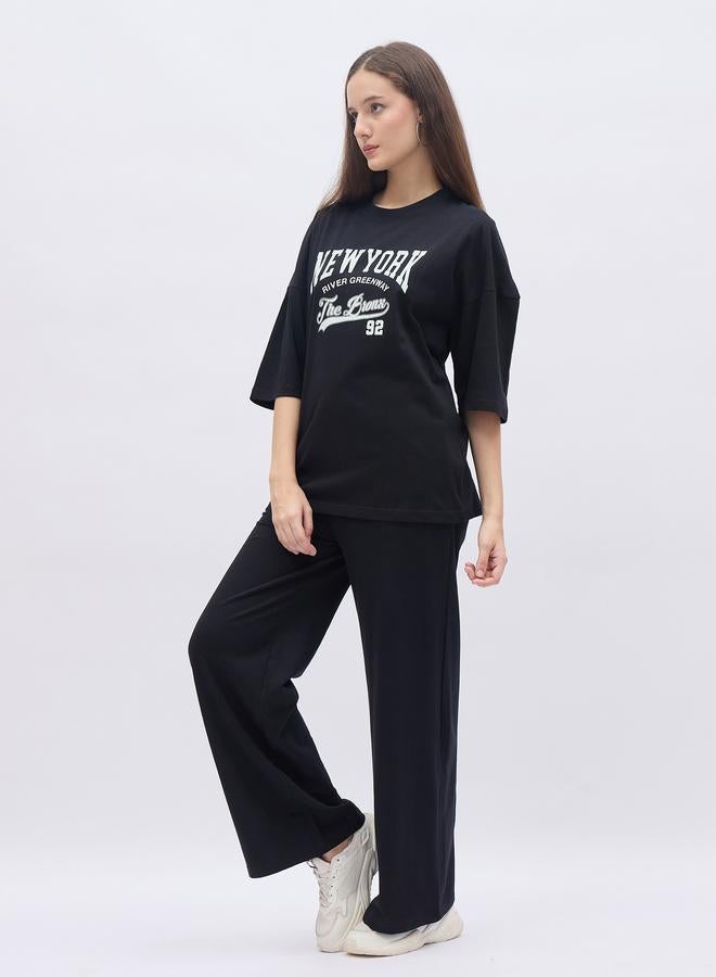 Styli Black NY Print Oversized T-Shirt and Wide Leg Joggers Co-Ords - Image 3