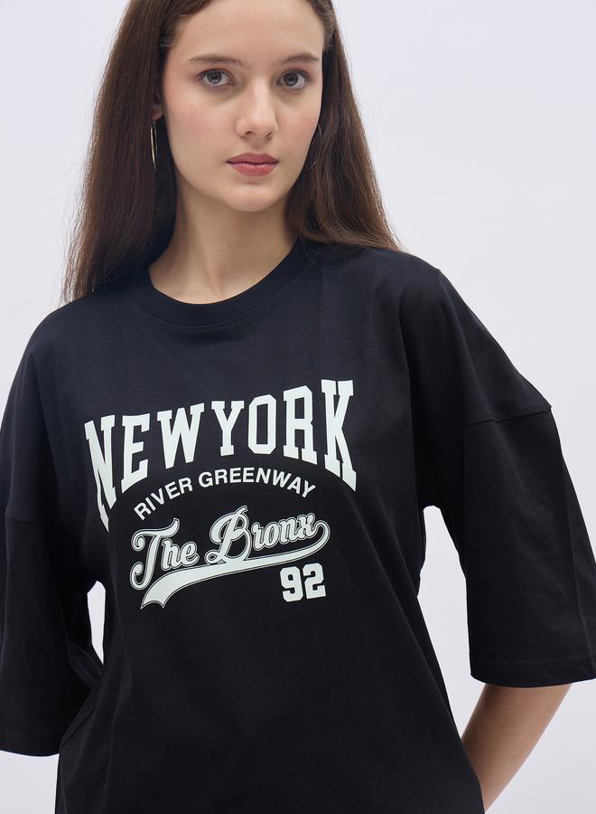 Styli Black NY Print Oversized T-Shirt and Wide Leg Joggers Co-Ords - Image 4