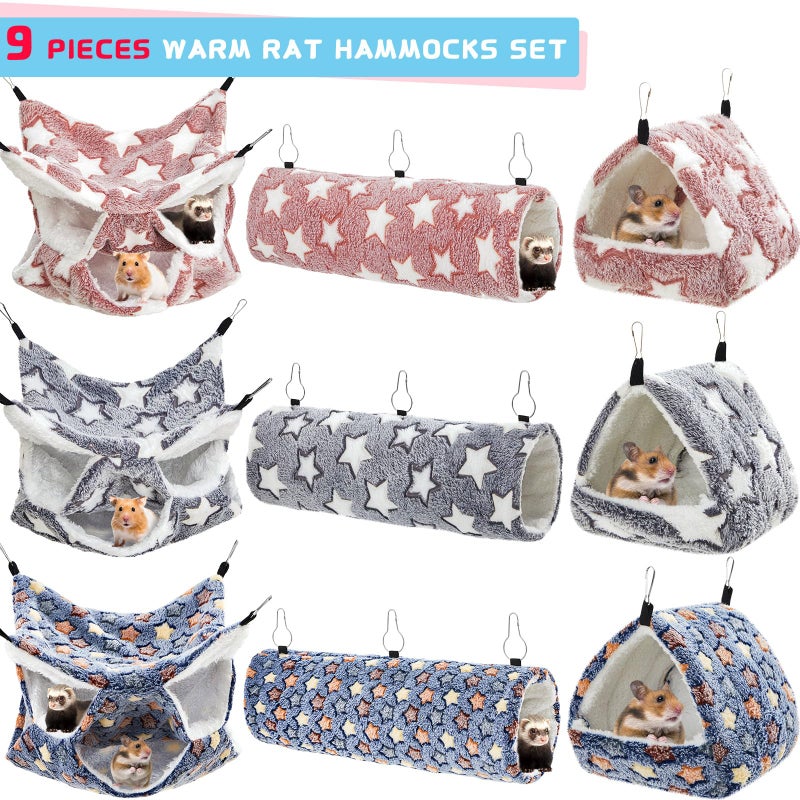 Abbylike 9 Pieces Rat Hammock 3 Tier Guinea Pig Ferret Hammocks Small Pet Hanging Tunnel Glider Toy Guinea Pig Ferret Hideout Bed Cage Accessories for Hamster(Navy,Grey,Pink,Star) - Image 3