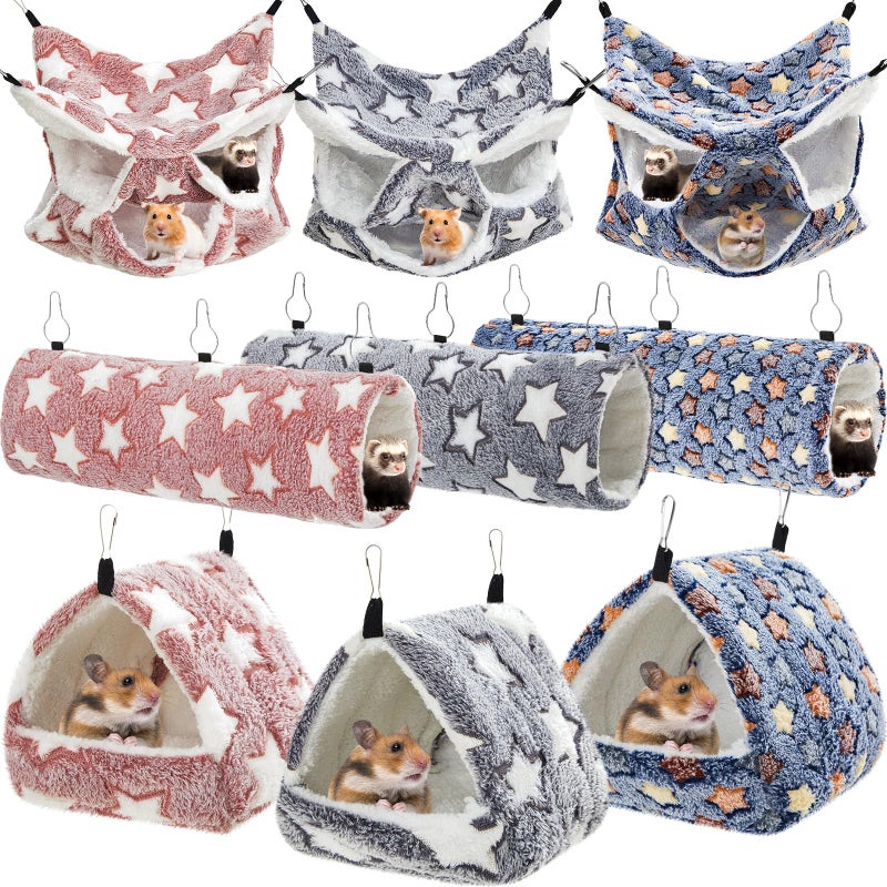 Abbylike 9 Pieces Rat Hammock 3 Tier Guinea Pig Ferret Hammocks Small Pet Hanging Tunnel Glider Toy Guinea Pig Ferret Hideout Bed Cage Accessories for Hamster(Navy,Grey,Pink,Star) - Image 1