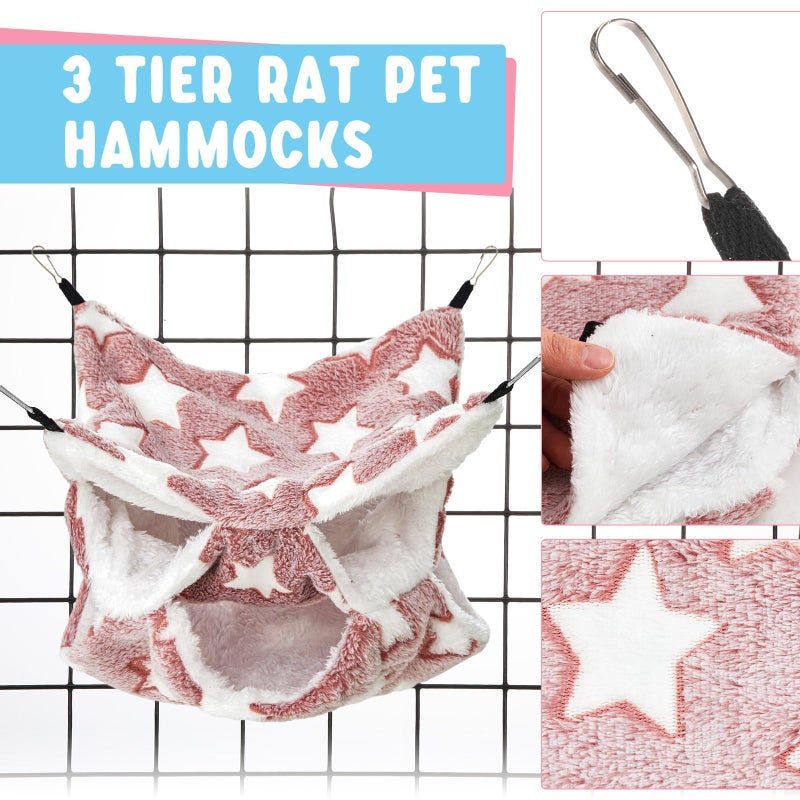 Abbylike 9 Pieces Rat Hammock 3 Tier Guinea Pig Ferret Hammocks Small Pet Hanging Tunnel Glider Toy Guinea Pig Ferret Hideout Bed Cage Accessories for Hamster(Navy,Grey,Pink,Star) - Image 2