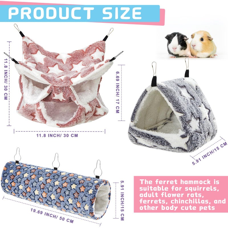 Abbylike 9 Pieces Rat Hammock 3 Tier Guinea Pig Ferret Hammocks Small Pet Hanging Tunnel Glider Toy Guinea Pig Ferret Hideout Bed Cage Accessories for Hamster(Navy,Grey,Pink,Star) - Image 4