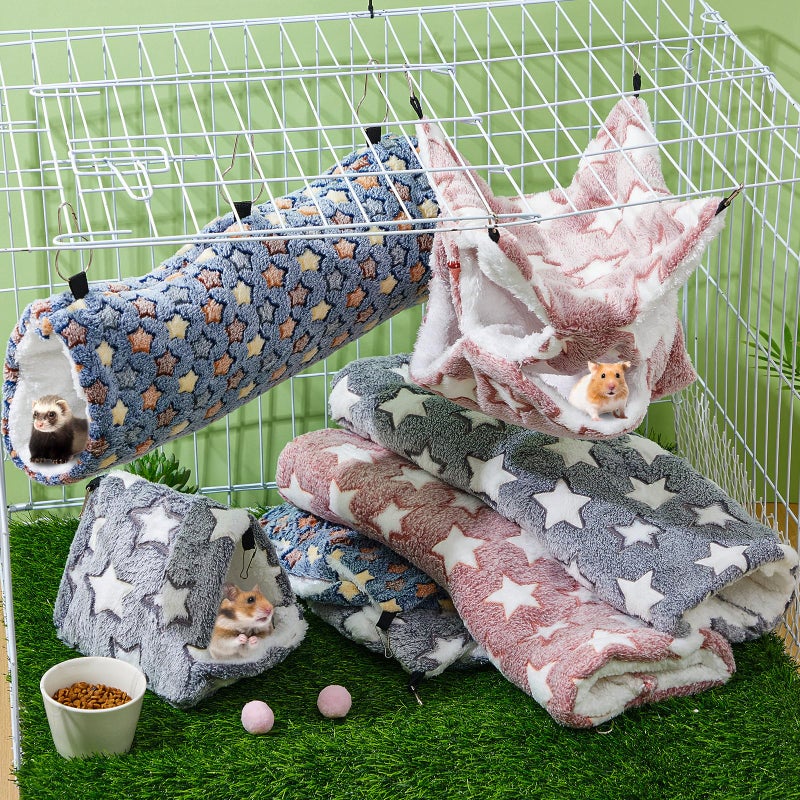 Abbylike 9 Pieces Rat Hammock 3 Tier Guinea Pig Ferret Hammocks Small Pet Hanging Tunnel Glider Toy Guinea Pig Ferret Hideout Bed Cage Accessories for Hamster(Navy,Grey,Pink,Star) - Image 5