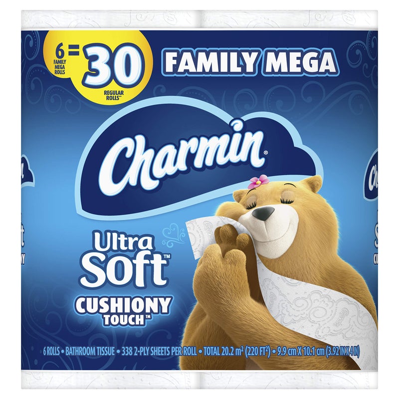Charmin Ultra Soft Cushiony Touch Toilet Paper, 6 Family Mega Rolls = 30 Regular Rolls (Prime Pantry) - Image 1