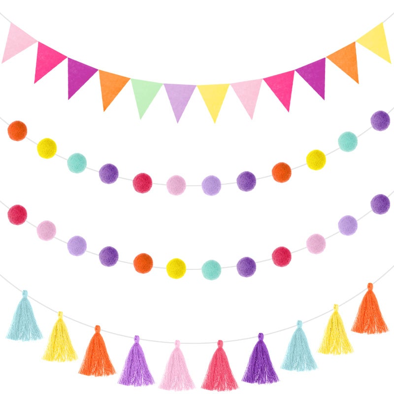 Irenare 98 Feet Pom Pom Garland Felt Fabric Garland Set Colorful Tassel Banner 36 Feet Felt Pennant Banner for Classroom School Fireplace Birthday PartyCandy Color 