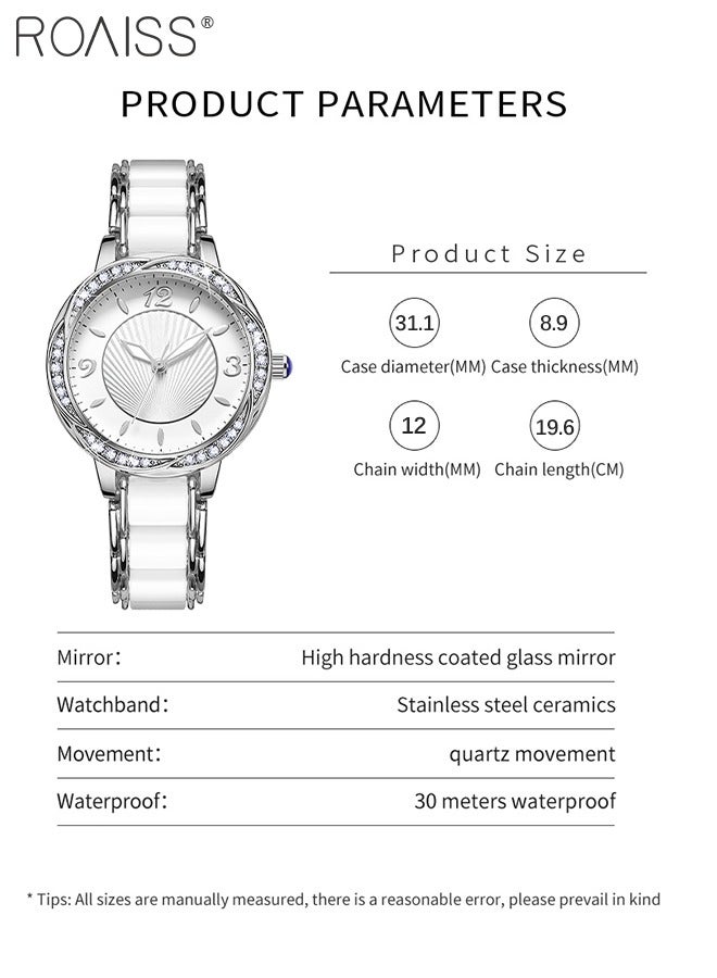roaiss Ceramic Strap Quartz Watch for Women Analog Display Round Flower-Shaped Dial Decorated with Rhinestones Waterproof Simple Stylish Wristwatch as Gift for Ladies - Image 4