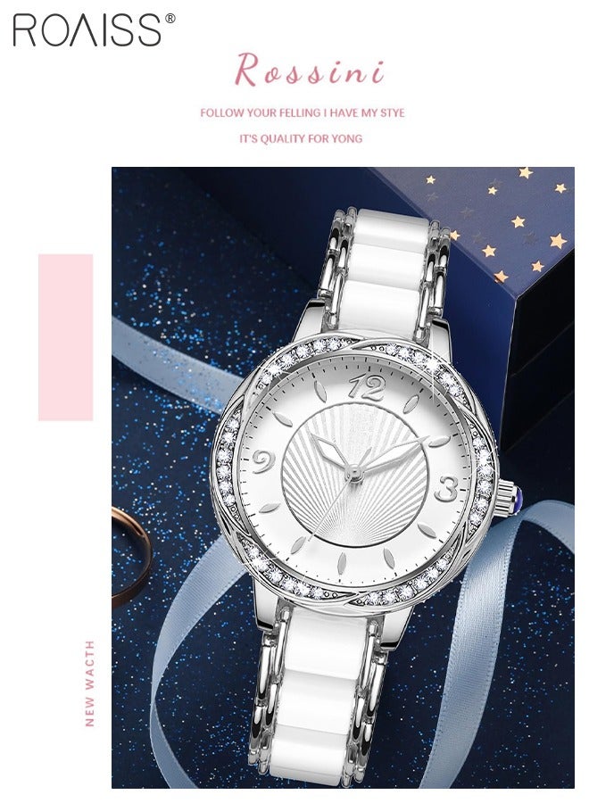 roaiss Ceramic Strap Quartz Watch for Women Analog Display Round Flower-Shaped Dial Decorated with Rhinestones Waterproof Simple Stylish Wristwatch as Gift for Ladies - Image 3
