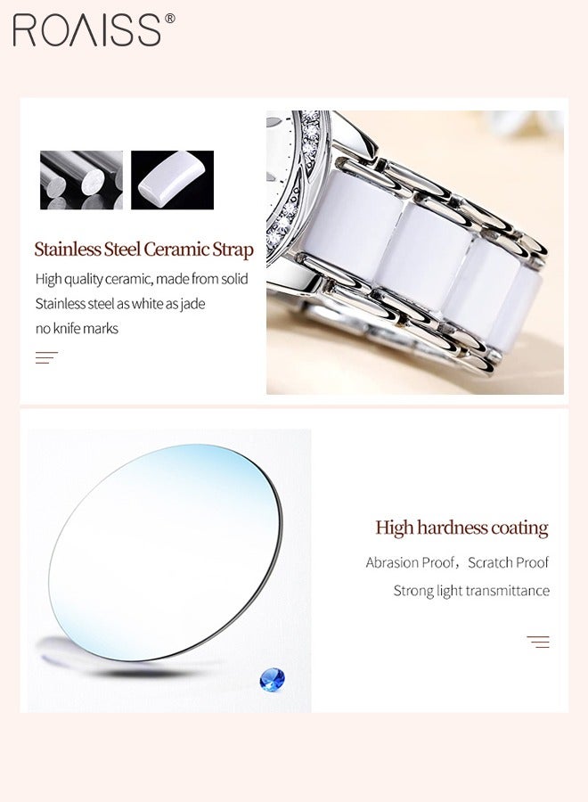 roaiss Ceramic Strap Quartz Watch for Women Analog Display Round Flower-Shaped Dial Decorated with Rhinestones Waterproof Simple Stylish Wristwatch as Gift for Ladies - Image 5