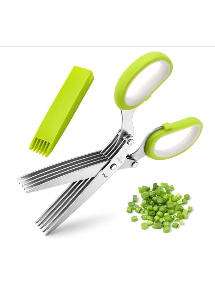 Herb Scissors - Multipurpose 5 Blade Kitchen Herb Shears Herb Cutter with Safety Cover and Cleaning Comb for Chopping Basil Chive Parsley (Green) - Image 3