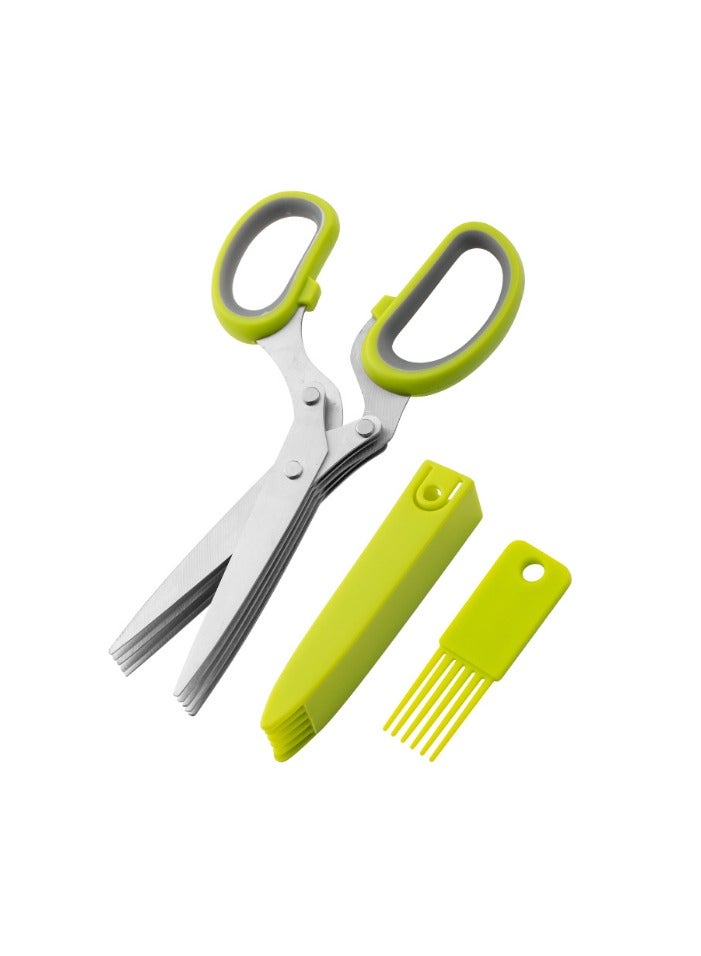 Herb Scissors - Multipurpose 5 Blade Kitchen Herb Shears Herb Cutter with Safety Cover and Cleaning Comb for Chopping Basil Chive Parsley (Green) - Image 1