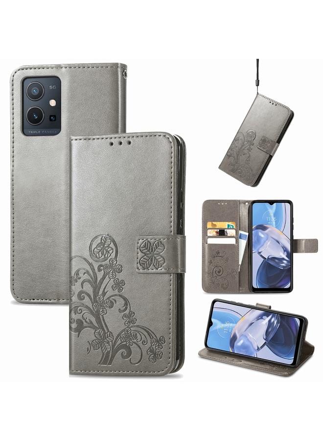 اس-توب جراب لهاتف Motorola Moto E22 4G مصنوع من الجلد مع مشبك منقوش بأربع أوراق - Image 1