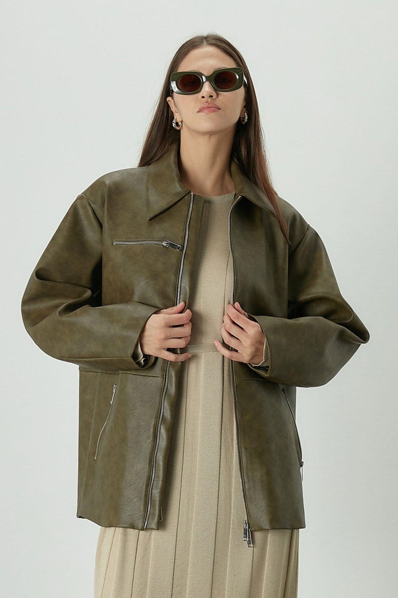 Manuka Aged Effect Leather Jacket Green  - Image 3