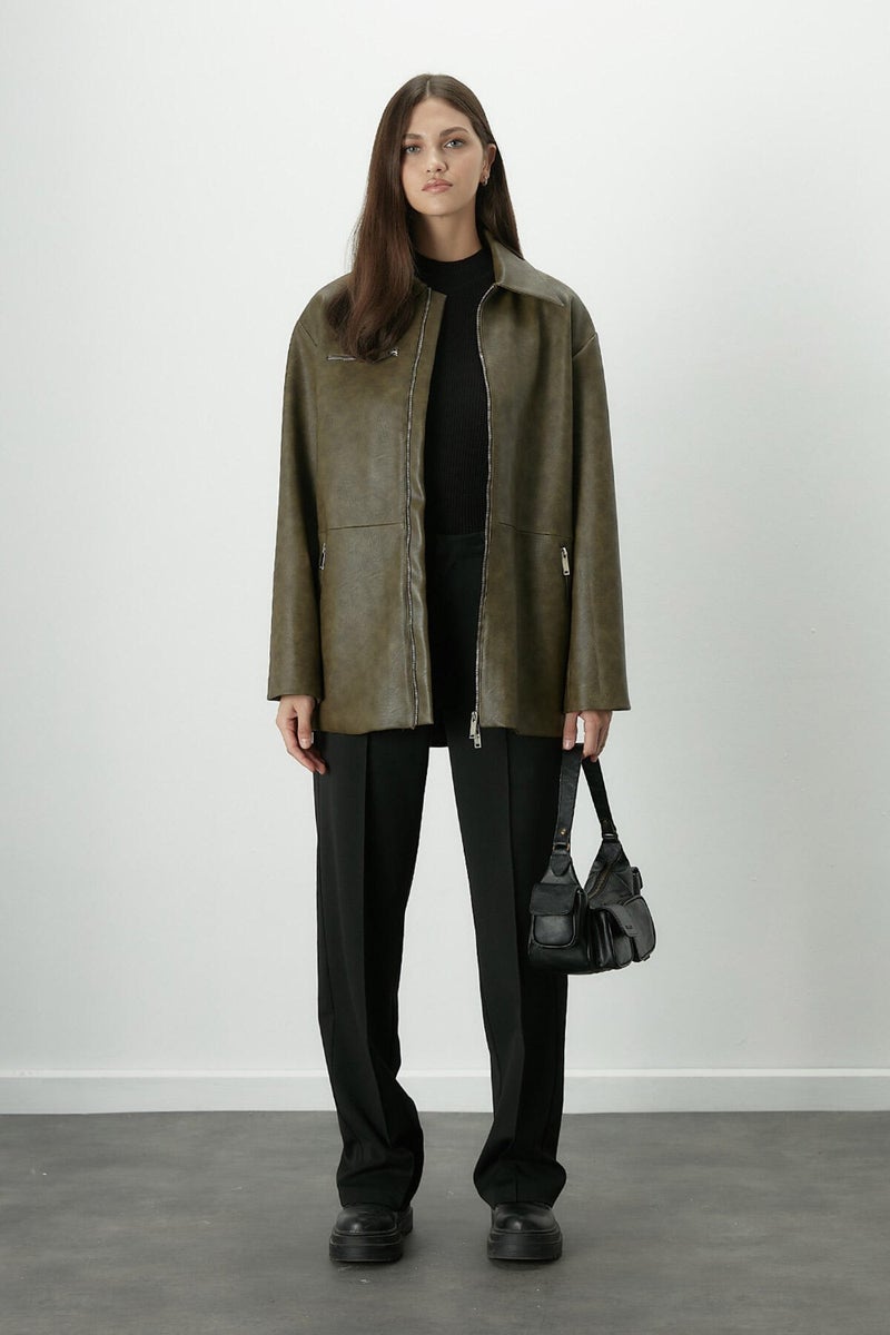 Manuka Aged Effect Leather Jacket Green  - Image 5