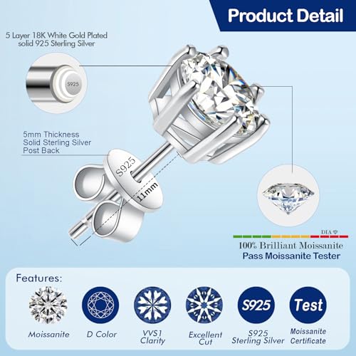 SecreTalk Moissanite Stud Earrings, C6P D Color Ideal Cut 925 Sterling Silver Earrings for Women with Certificate of Authenticity （0.5carat each/1ct per Pair, White Gold Plated） - Image 3