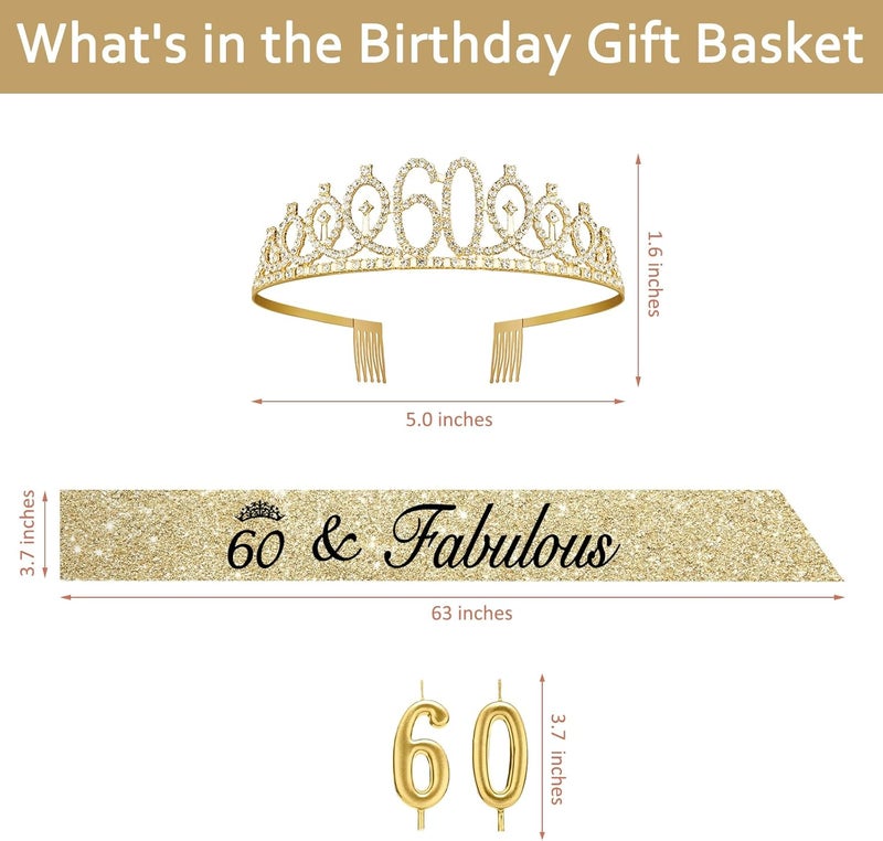 Juesly 60th Birthday Decorations for Women Gold with Sash and Tiara, Gold Number Candles, 60th Birthday Gifts for Women - Image 3