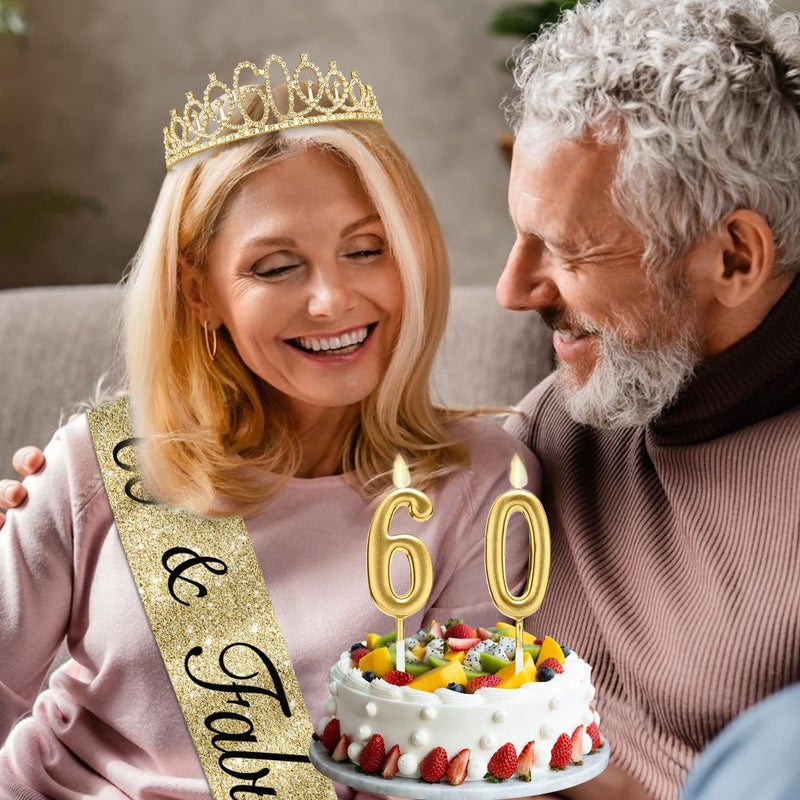 Juesly 60th Birthday Decorations for Women Gold with Sash and Tiara, Gold Number Candles, 60th Birthday Gifts for Women - Image 5