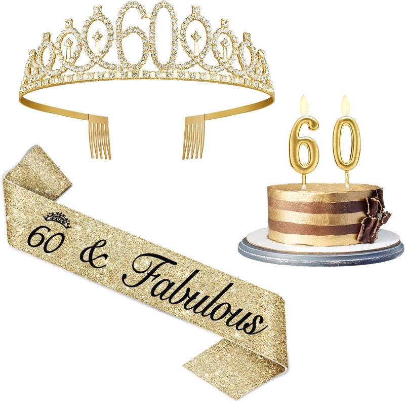Juesly 60th Birthday Decorations for Women Gold with Sash and Tiara, Gold Number Candles, 60th Birthday Gifts for Women - Image 1