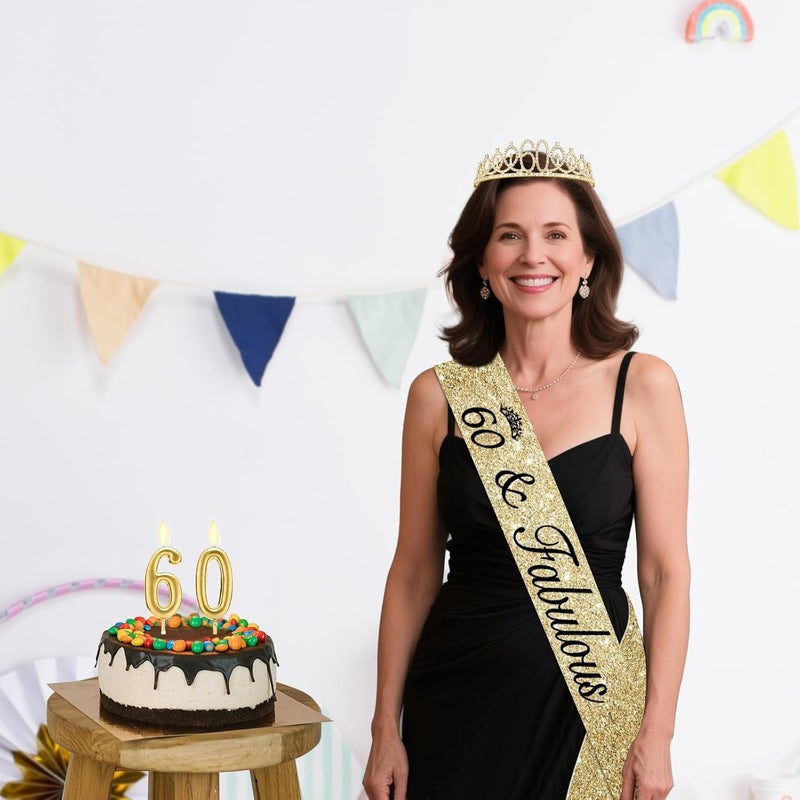 Juesly 60th Birthday Decorations for Women Gold with Sash and Tiara, Gold Number Candles, 60th Birthday Gifts for Women - Image 2