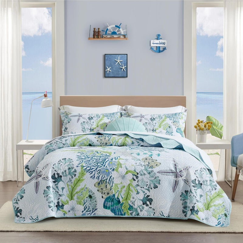 Tritard 3 Piece Coastal Beach Quilt Set King Size Ocean Beach Themed Bedding Set Microfiber Lightweight Bedspread Coverlet with 2 Shams Starfish Coral Seashell Bed Covers for All Season, 106''x96'' - Image 1