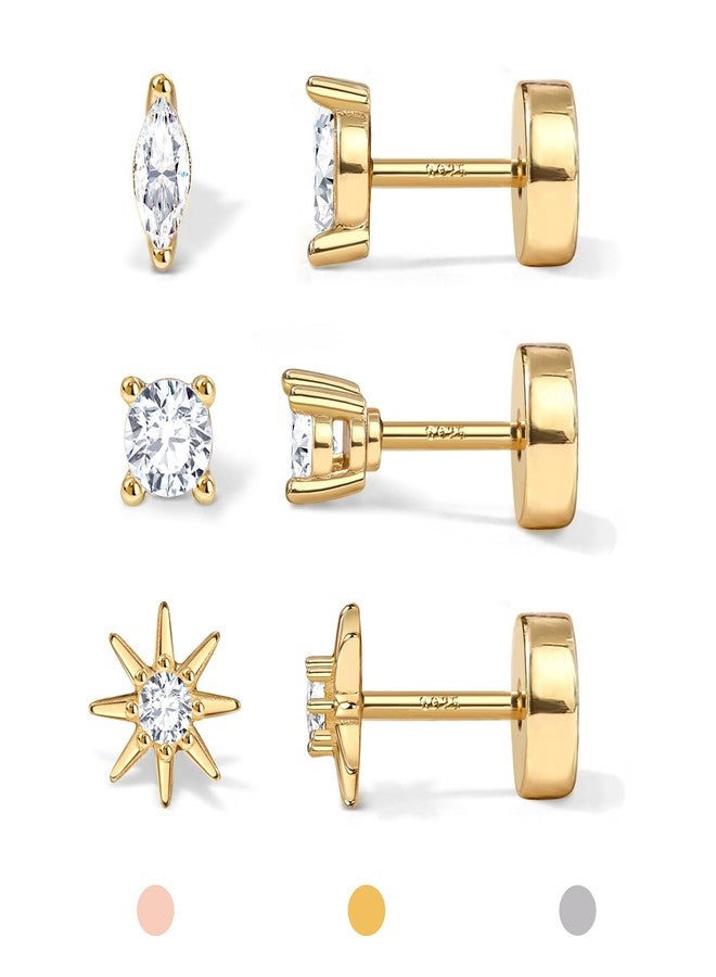 GEMQUEEN 14K Gold Plated Solid 925 Sterling Silver Post Flat Back Earrings Stud | Cartilage Helix Conch Tragus Piercing Jewelry 3 Pairs Tiny Screw Dainty CZ Opal Earring Set Men Women, Style B, Sterling Silver - Image 1