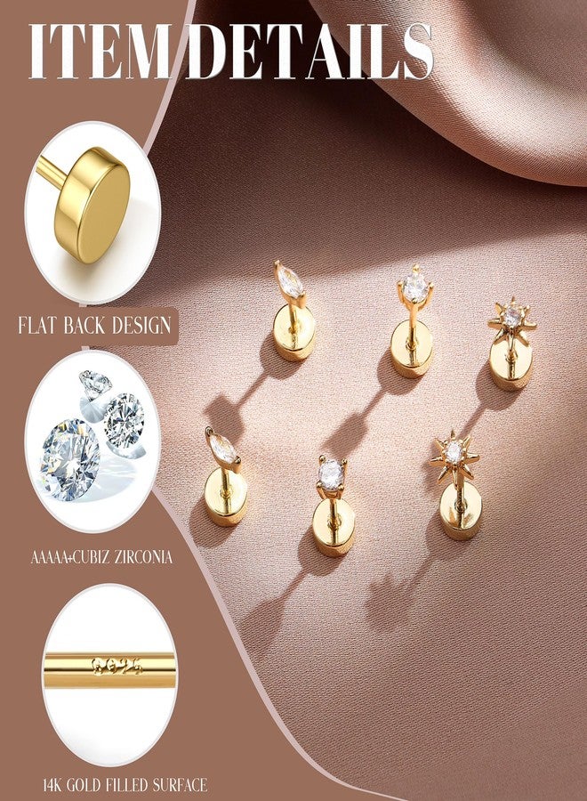 GEMQUEEN 14K Gold Plated Solid 925 Sterling Silver Post Flat Back Earrings Stud | Cartilage Helix Conch Tragus Piercing Jewelry 3 Pairs Tiny Screw Dainty CZ Opal Earring Set Men Women, Style B, Sterling Silver - Image 2