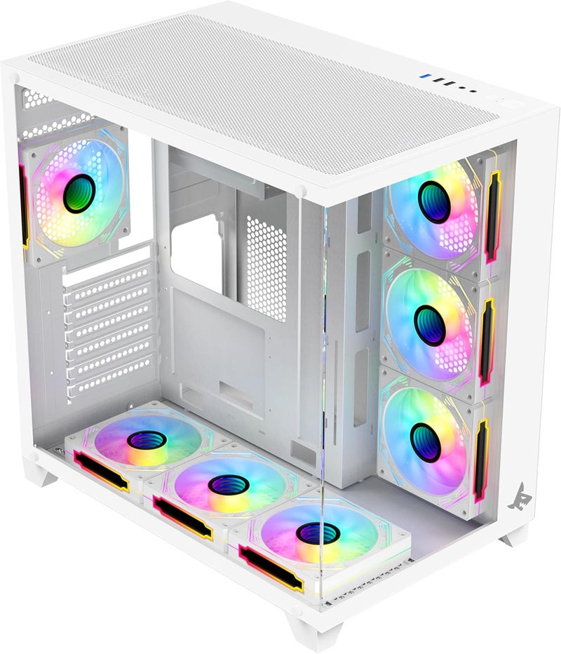 SHARX CASE PROFIN ATX Min-Tower Gaming PC Case(INF700W), With 7X 120mm Pre-Installed ARGB Fans,3 Sides Infinity Mirror and Controller, Tempered Glass,Type C*1 Dongle / USB3.0 * 1 / USB2.0 * 2,WHITE. - Image 2