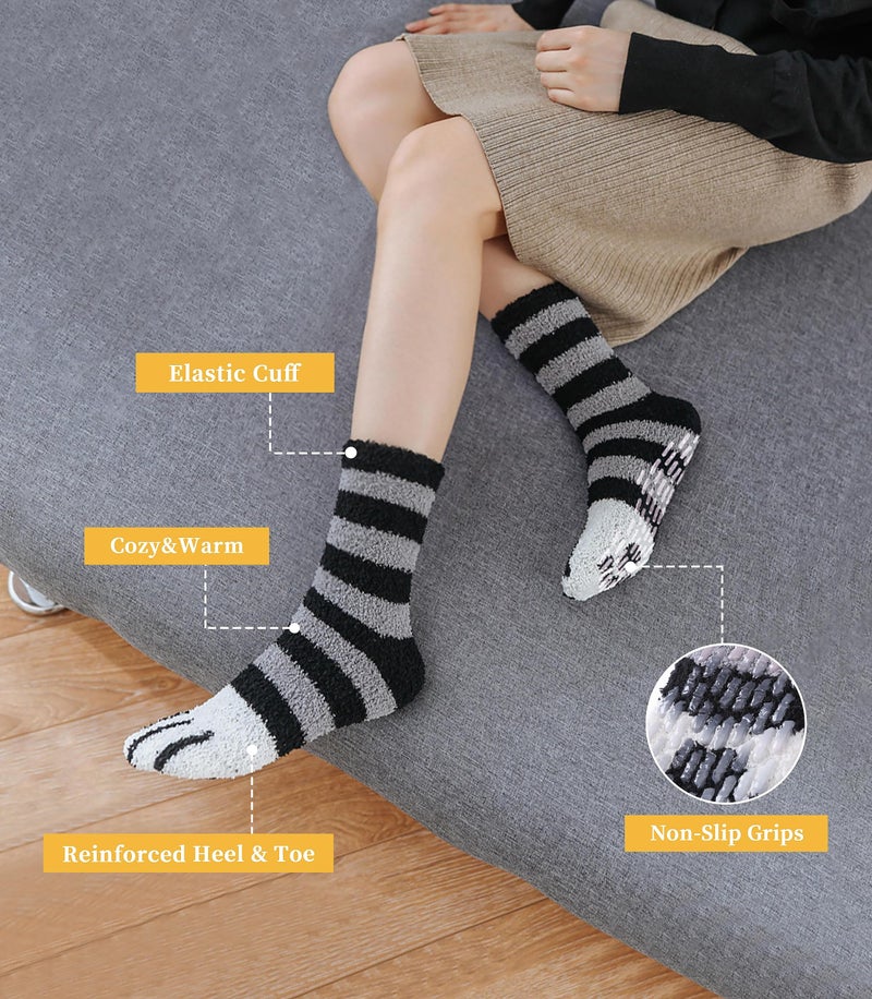 FNOVCO Non Slip Socks for Women Winter Warm Cozy Fuzzy Slipper Socks Soft Fluffy Hospital Socks with Grips (6 Pairs Cat Paw) - Image 2