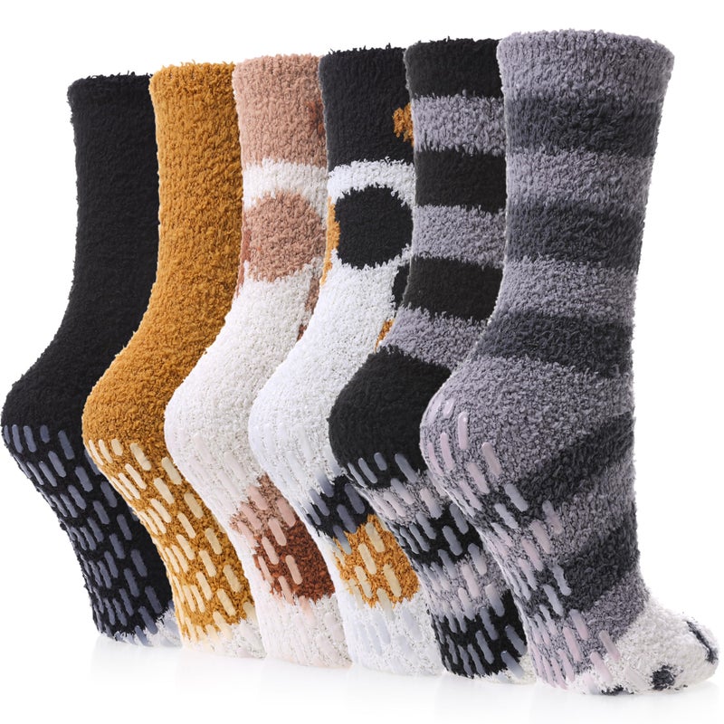 FNOVCO Non Slip Socks for Women Winter Warm Cozy Fuzzy Slipper Socks Soft Fluffy Hospital Socks with Grips (6 Pairs Cat Paw) - Image 1