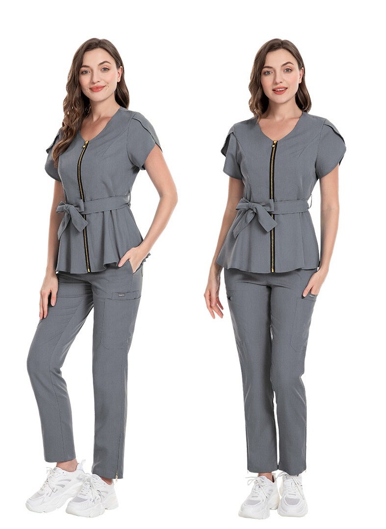 Loquat Womens Medical Uniform Scrubs 2 Piece Set Strap Up Waist Zipper Top and Elastic Waist Straight Pants Suit Grey  - Image 2