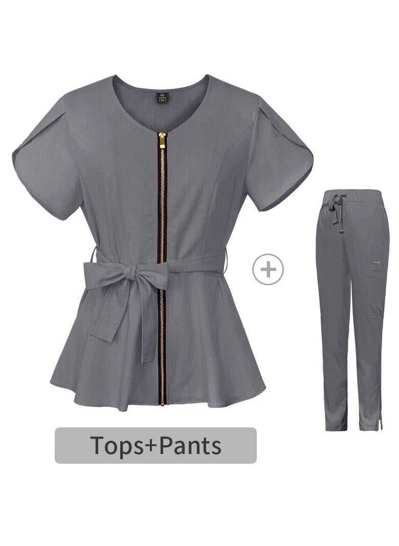 Loquat Womens Medical Uniform Scrubs 2 Piece Set Strap Up Waist Zipper Top and Elastic Waist Straight Pants Suit Grey  - Image 3