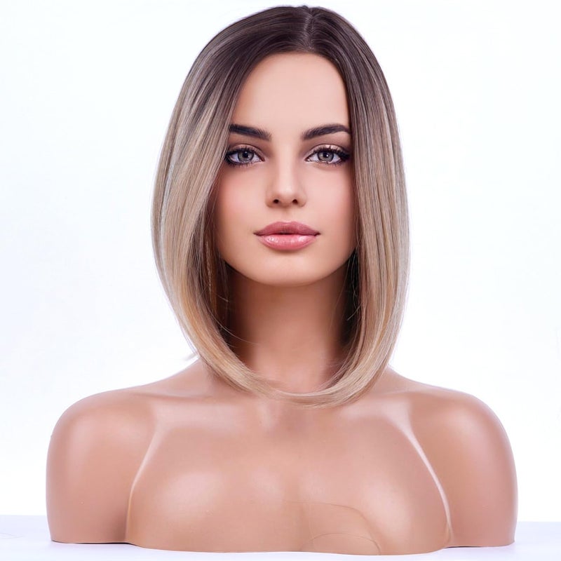 RightOn BERON 15 Short Straight Dark Roots Ombre Blonde Bob Wigs Side Part Wig with No Bangs Wig Cap Included Brown Ombre Blonde