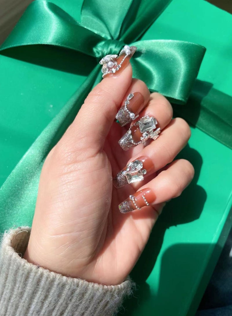 Generic 10 PCS Handmade  Pressed On Nails,Mid-length Full Cover Nails,With Diamond Patch Art Nails  - Image 1