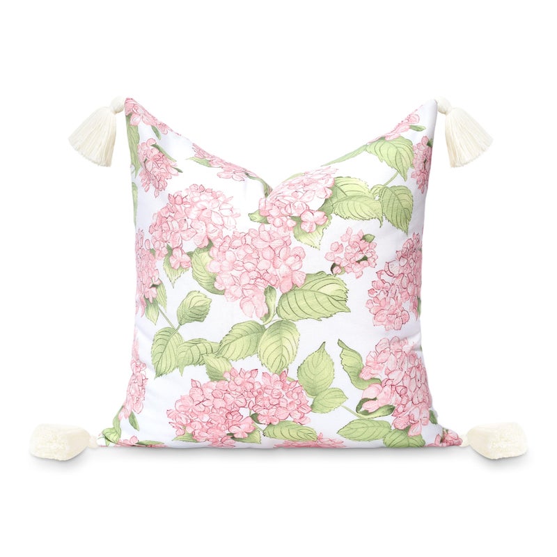 Hofdeco Premium Coastal Patio Indoor Outdoor Throw Pillow Cover Only, 18"x18" Water Repellent for Backyard, Couch, Blush Pink Green Print Sketch Hydrangea Flower - Image 1