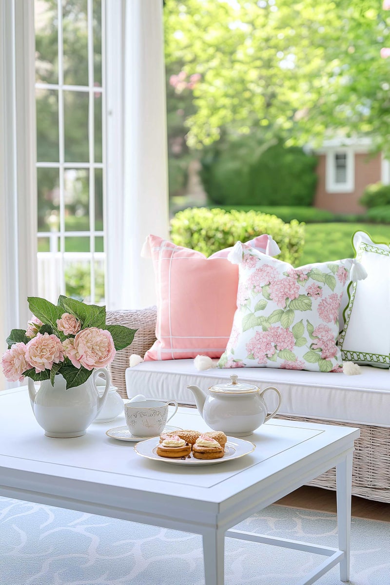Hofdeco Premium Coastal Patio Indoor Outdoor Throw Pillow Cover Only, 18"x18" Water Repellent for Backyard, Couch, Blush Pink Green Print Sketch Hydrangea Flower - Image 3