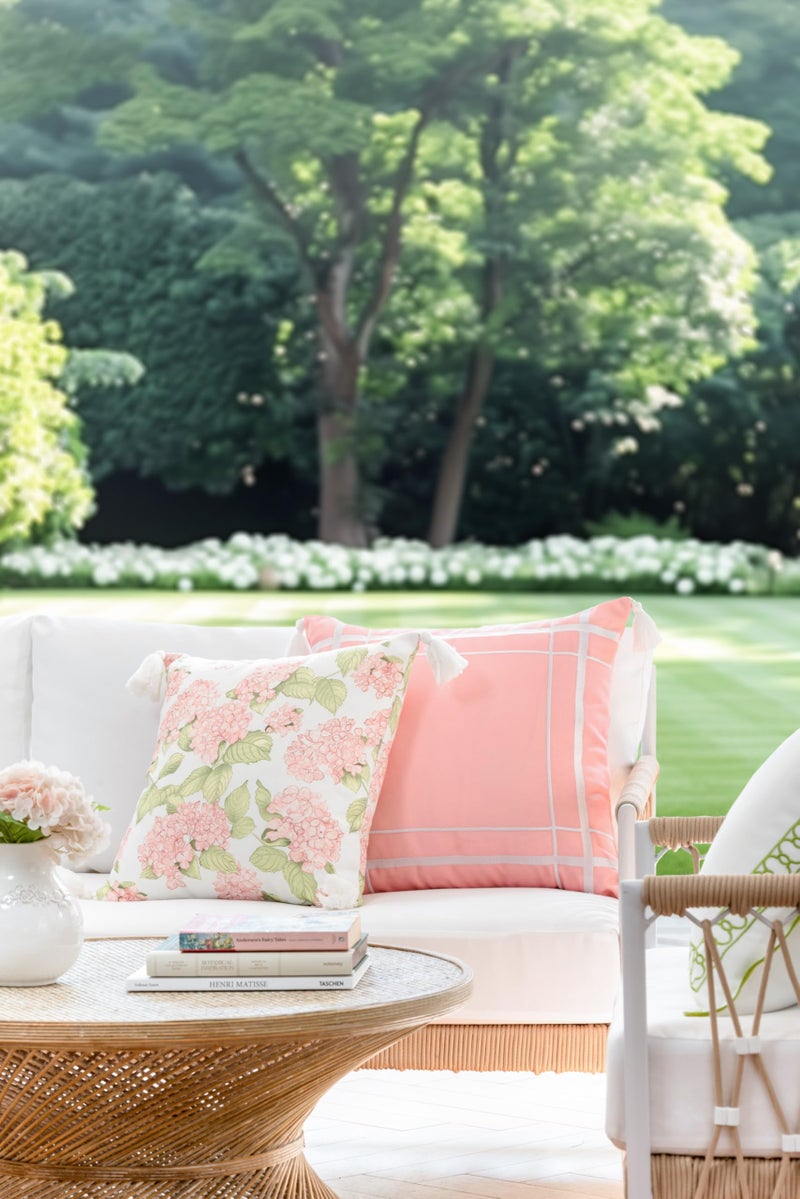 Hofdeco Premium Coastal Patio Indoor Outdoor Throw Pillow Cover Only, 18"x18" Water Repellent for Backyard, Couch, Blush Pink Green Print Sketch Hydrangea Flower - Image 2