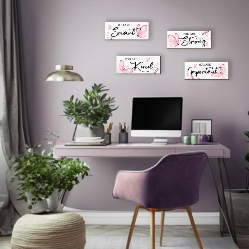 DONFENTHY 4 Pcs Butterfly Wall Decor Pink Room Decor Wooden Positive Butterfly Decor with Inspirational Word Sign for Teen Girls Women Room Bathroom Bedroom Office(Pink,10x4 Inch) - Image 2