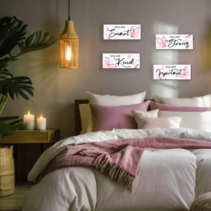 DONFENTHY 4 Pcs Butterfly Wall Decor Pink Room Decor Wooden Positive Butterfly Decor with Inspirational Word Sign for Teen Girls Women Room Bathroom Bedroom Office(Pink,10x4 Inch) - Image 3