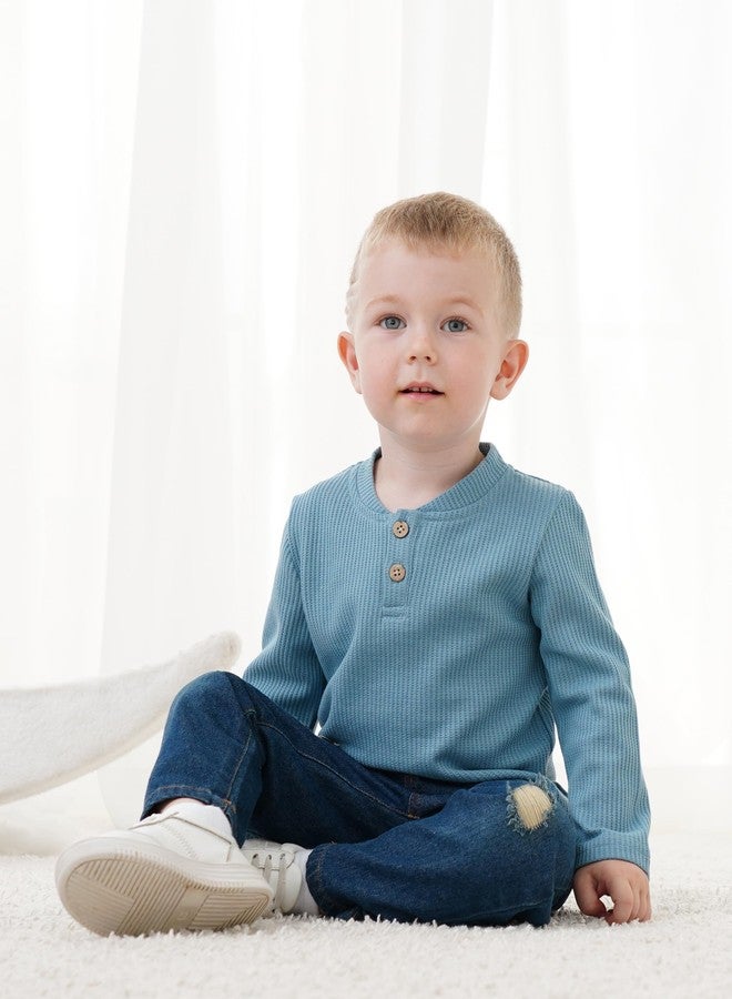 SODLON Toddler Boy Clothes 2T 3T Fall Winter Clothing Long Sleeve Waffle Blue Henley Shirt Sweatshirt Ripped Denim Pants Jeans 2 3 Year Old Casual Spring Outfits - Image 4