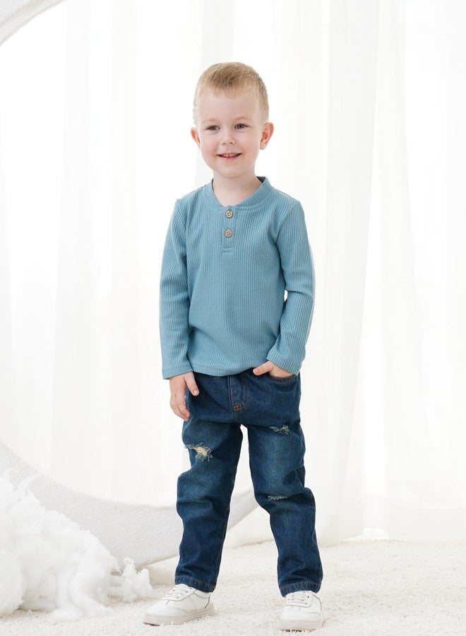 SODLON Toddler Boy Clothes 2T 3T Fall Winter Clothing Long Sleeve Waffle Blue Henley Shirt Sweatshirt Ripped Denim Pants Jeans 2 3 Year Old Casual Spring Outfits - Image 2