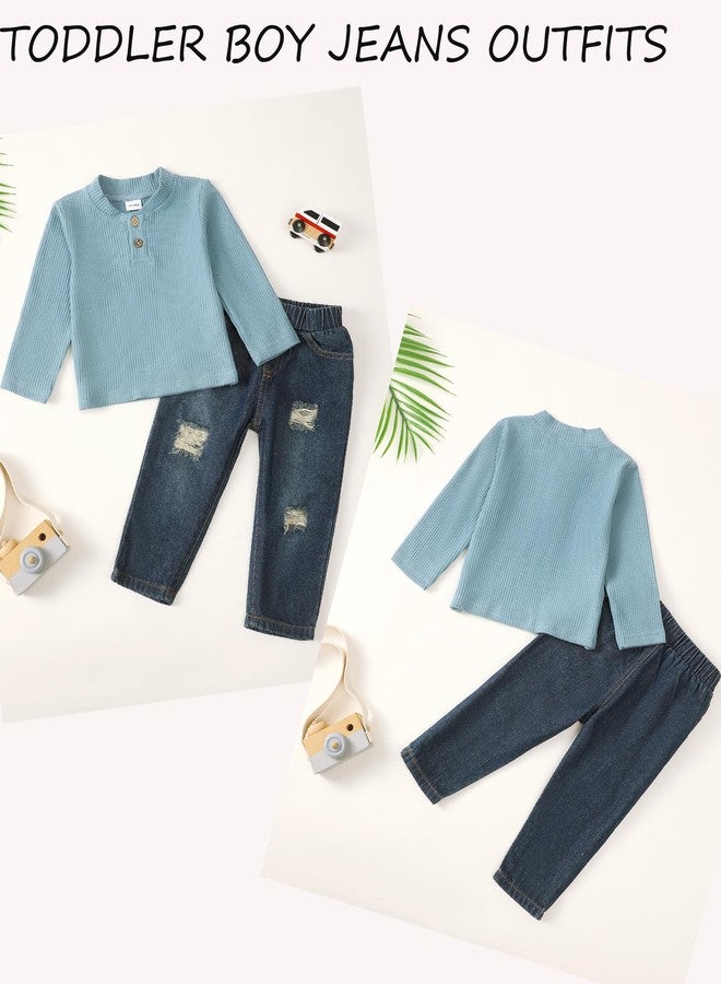 SODLON Toddler Boy Clothes 2T 3T Fall Winter Clothing Long Sleeve Waffle Blue Henley Shirt Sweatshirt Ripped Denim Pants Jeans 2 3 Year Old Casual Spring Outfits - Image 5
