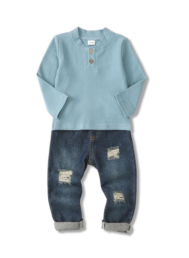 SODLON Toddler Boy Clothes 2T 3T Fall Winter Clothing Long Sleeve Waffle Blue Henley Shirt Sweatshirt Ripped Denim Pants Jeans 2 3 Year Old Casual Spring Outfits - Image 1