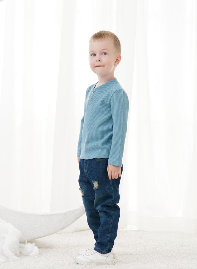 SODLON Toddler Boy Clothes 2T 3T Fall Winter Clothing Long Sleeve Waffle Blue Henley Shirt Sweatshirt Ripped Denim Pants Jeans 2 3 Year Old Casual Spring Outfits - Image 3
