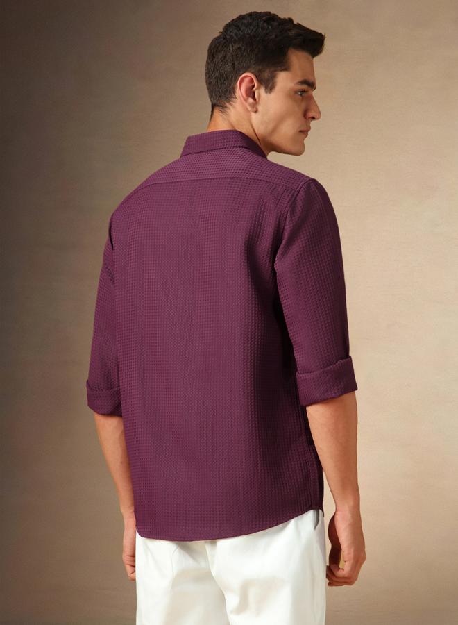 Dennis Lingo Men's Maroon 100% Polyester Solid Textured Button Down Regular FiT-Shirt  - Image 3