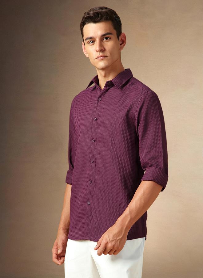 Dennis Lingo Men's Maroon 100% Polyester Solid Textured Button Down Regular FiT-Shirt  - Image 2