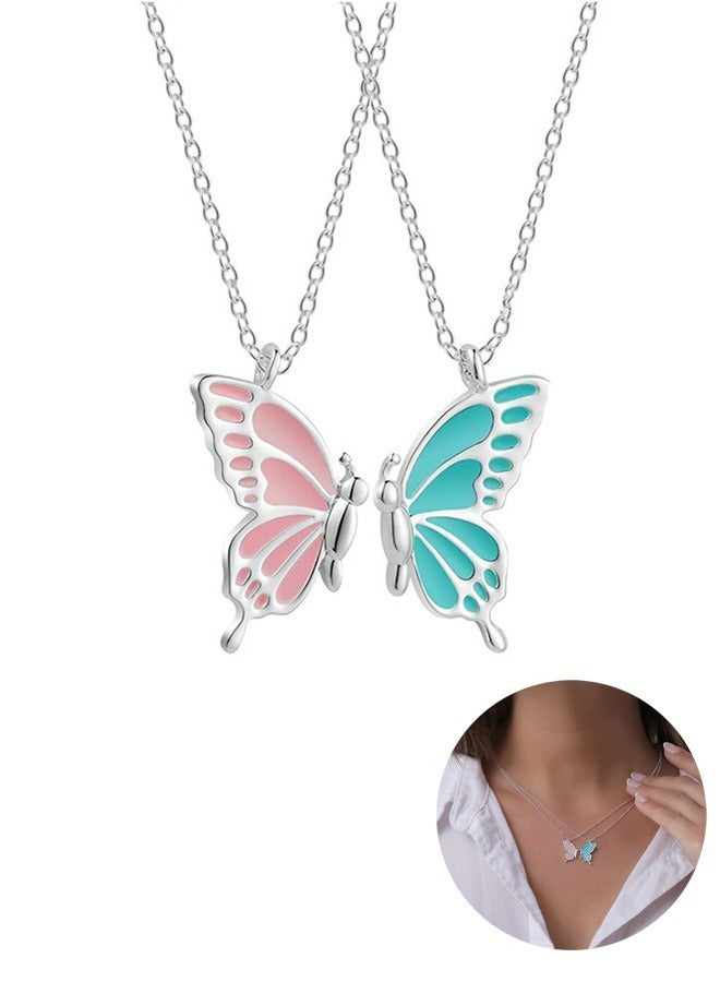 Butterfly Pendant Friendship Necklace, Dainty BFF Stainless Steel Anti Fading Metal Necklace Set, Matching Friends Necklace Jewelry Gift (Pink+White) - Image 1