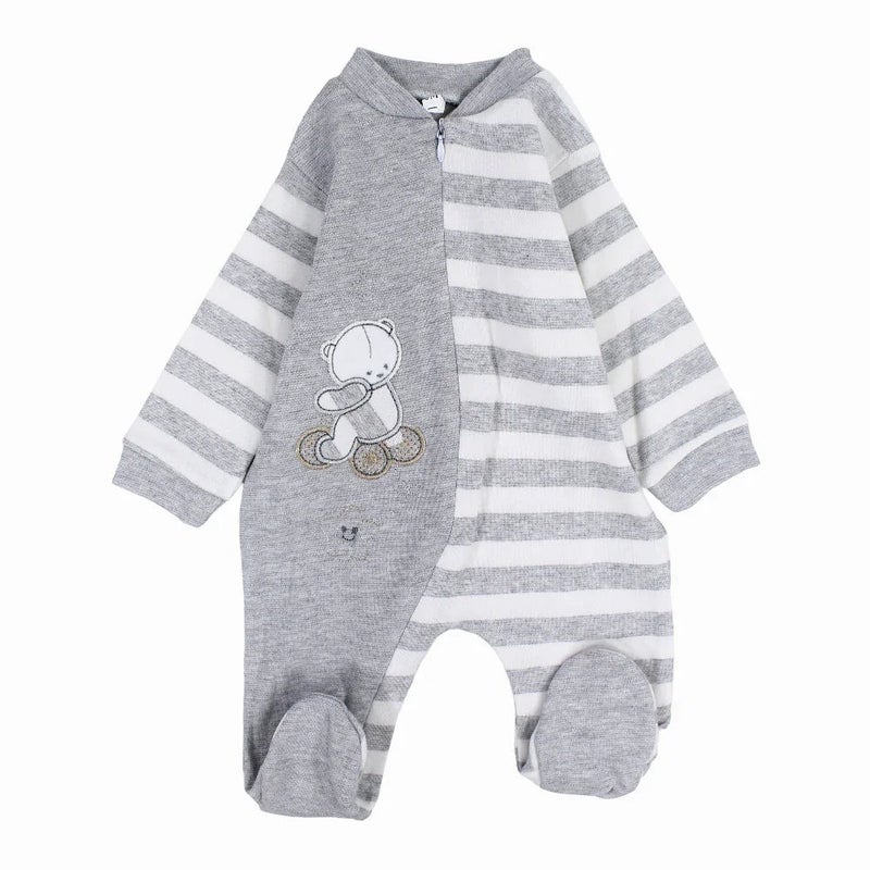 Bubble Boom Baby Boys Striped Baby Bodysuit – Grey & White - Image 1
